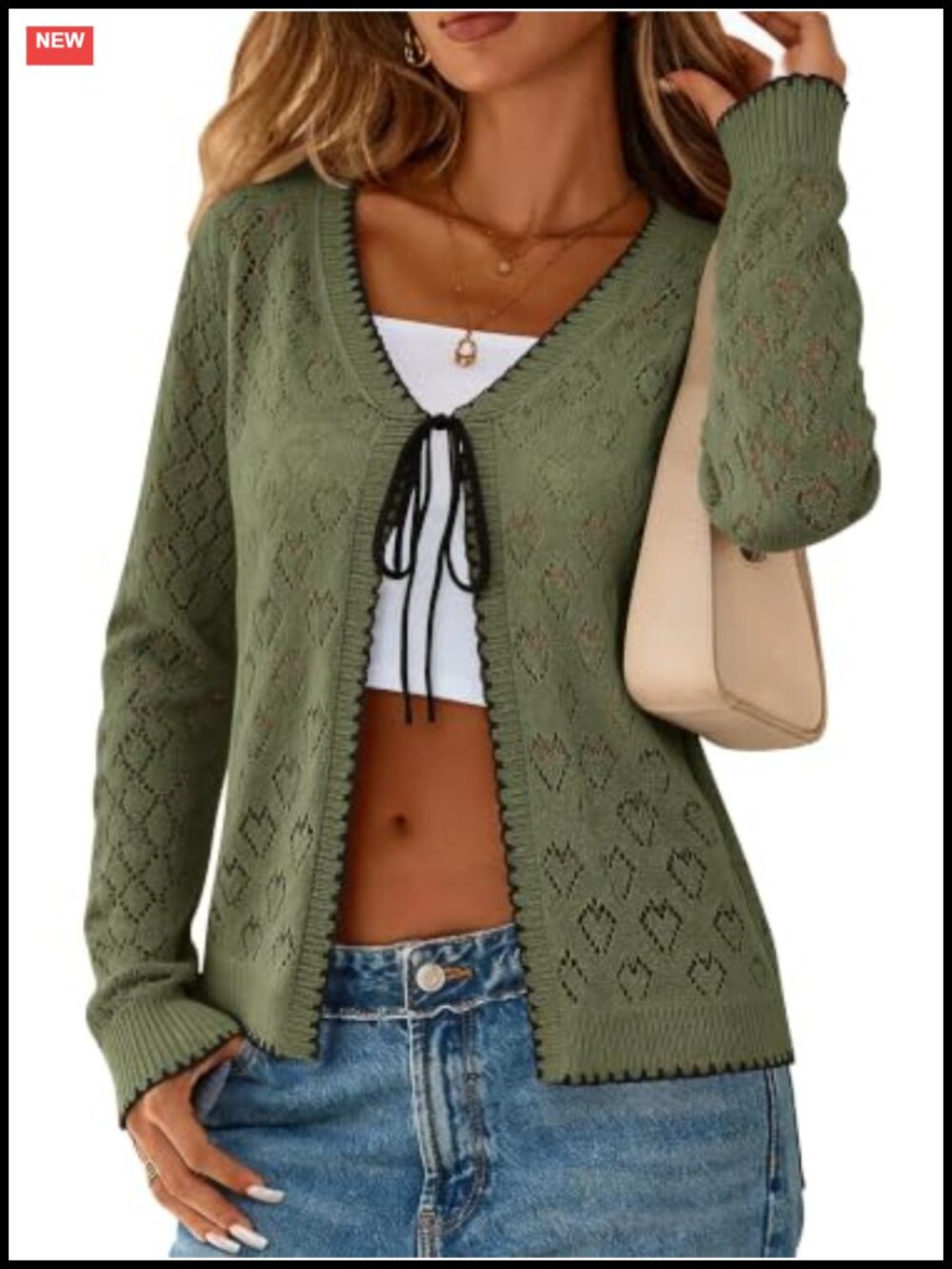 Women's Crochet Cardigan Knit Tie Front Top Long Sleeve Pointelle Hollow Out